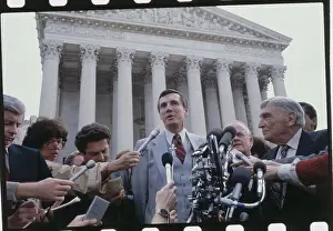 Oklahoma Prints: Bob Jones III Outside Courthouse at Microphones