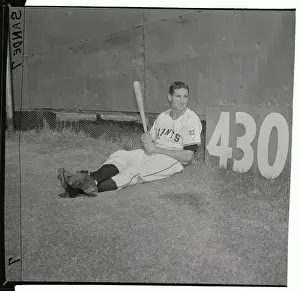 Bobby Thomson Sitting on Ground with Baseball Bat