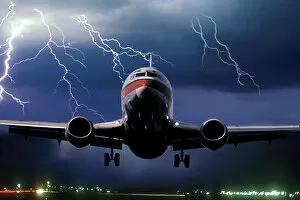 Images Dated 7th September 2018: Boeing 737 airliner during takeoff with a lightning storm in the background