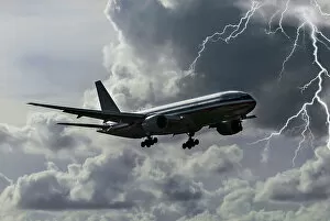 Airplanes Collection: A Boeing 777 wide body airliner landing at Miami International Airport during a lightning storm