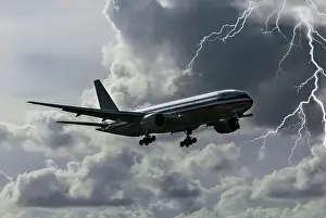Airplane Prints: A Boeing 777 wide body airliner landing at Miami International Airport during a lightning storm