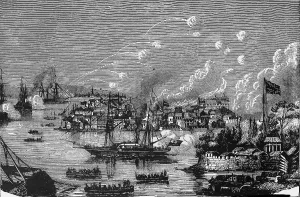 Prints of View of the British bombardment of the treaty port of Canton during the Second Opium War, Canton, China, 1850s. (Photo by Frederic Lewis/Getty Images) Urban Echoes of America’s Golden Age: Bombardment Of Canton By English