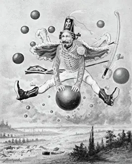 Traveling Prints: Book Illustration of Baron Munchausen Traveling on a Cannon Ball