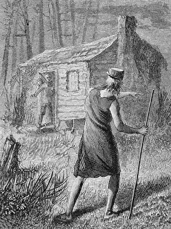 Log Cabin Prints: Book Illustration of Johnny Appleseed Warning Pioneers of Approaching Indians