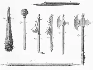 Prints of Illustration of medielval weapons. Shown: ball and chain and battle axes. Undated engraving Discover the beauty and mystery of the medieval era: Book Illustration of Medieval Weapons