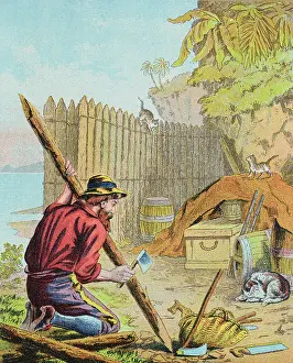 Book Illustration of Robinson Crusoe Pitching Stakes