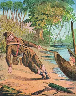 Book Illustration of Robinson Crusoe Pulling His Boat Ashore