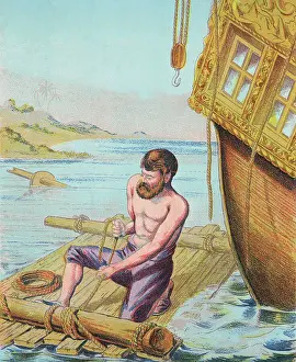 Raft Prints: Book Illustration of Robinson Crusoe Tying Together a Raft