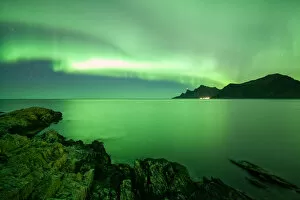 Images Dated 6th October 2015: borealisgreen Norway extremely strong green northern lights Lofoten