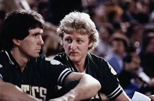 Boston Celtics Larry Bird on the Sidelines During a Game Against Detroit
