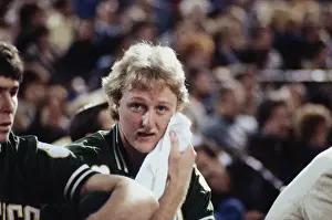 Boston Celtics Larry Bird on the Sidelines During a Game Against Detroit