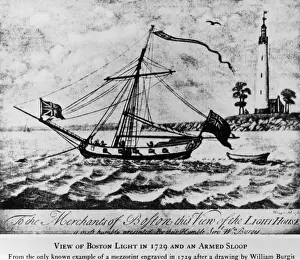 Prints of Engraving depicting the Boston Lighthouse, with the caption view of Boston Light in 1729 and an armed sloop Lighthouse Prints: Boston Light, Massachusetts