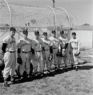 Prints of American baseball team the Boston Red Sox in Sarasota, Florida, 8th March 1949. Among them are Ted Williams (left), Bobby Doerr, Vern Stephens, Tex Hughson and Dom DiMaggio (right) MLB Legends Art Prints: Top 10 Greatest Baseball Players of All Time: Boston Red Sox