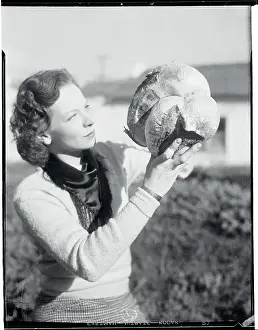 Santa Barbara Prints: Botany Student Examining Gigantic Mushroom
