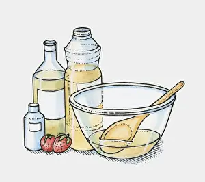 Homemade Prints: Bottles of olive oil, vegetable oil and coconut oil and two strawberries by a mixing bowl (making moisturiser)