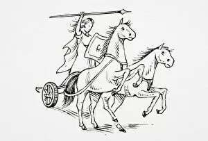 Boudicca, Queen of the Iceni in Roman Britain, riding in chariot, holding shield and spear above head