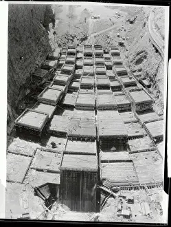 Prints of (Original Caption). Progress of Boulder Dam construction. Striking scenes of the progress of the construction work on Boulder Dam. This photo shows the concrete and steel foundation of the dam A Timeless Collection of Hoover Dam Photography: Boulder Dam Construction