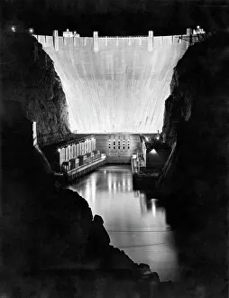 Prints of Powerful floodlights light up Boulder Dam for the observance of its tenth anniversary of power production, Arizona, Nevada, October 23, 1946. The name was changed to Hoover Dam in 1947 A Timeless Collection of Hoover Dam Photography: Boulder Dam At NIght