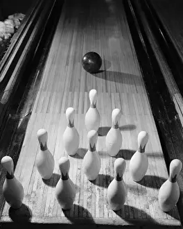 Bowling Alley Prints: Bowling Ball Heading Toward Pins