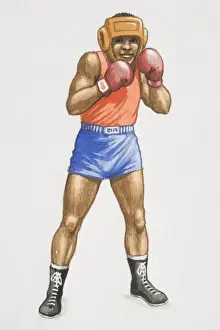 Aggressive Prints: Boxer wearing shorts, vest, boxing gloves and head protector
