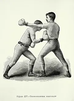 Two boxers, boxing positions, cross counter body blow punch, Victorian combat sports, 19th Century