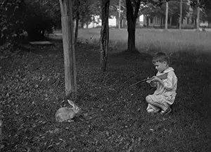 Aiming Prints: Boy (6-7 years) aiming to rabbit from rifle
