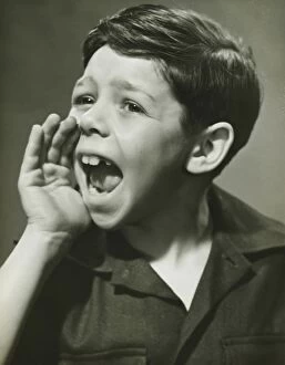 Images Dated 5th May 2006: Boy (8-9) yelling in studio, (B&W), portrait