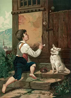Keith Lance Illustrations Collection: Boy Blowing Bubbles with His Dog
