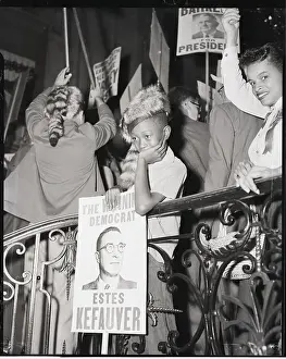 Boy in Coonskin Cap at Democratic Rally
