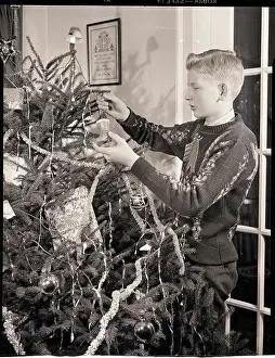 Boy Decorating a Christmas Tree