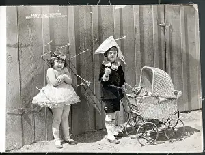 6 7 Years Prints: Boy & Girl Dressed Up with Cat in Carriage