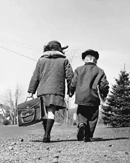 Brother Prints: Boy and girl holding hands, walking to school