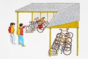 Images Dated 7th February 2008: Boy and girl standing outside bicycle shelter