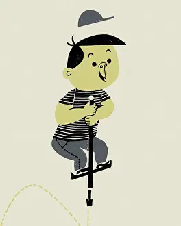 1940 1980 Retro Styled Image Prints: Boy on a Pogo Stick