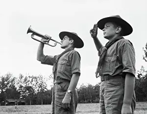 Teenage Boy Prints: Boy Scouts Playing Bugle and Saluting