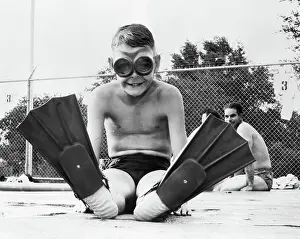 Swimmer Prints: Boy Seated In Swimming Goggles & Fins