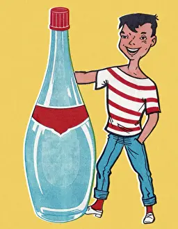 Colored Backgroun Prints: Boy Standing Next to Empty Bottle