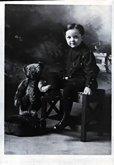 Stool Prints: Boy on Stool Beside His Teddy Bear