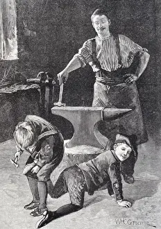 Boy studs his friends shoes at the farrier, just for fun in the horse position