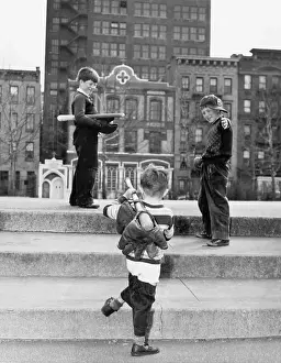 Stairway Prints: Three Boys Going To Play Baseball