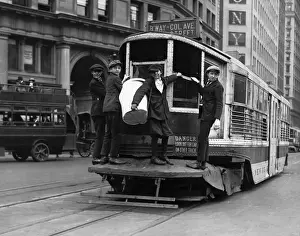 Trolley Prints: Boys Hitching Ride On Trolley Car