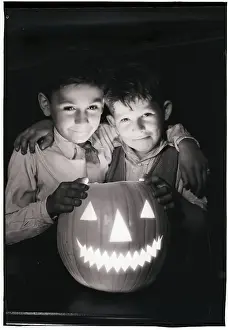 Halloween Prints: Boys Posing with Jack-O-Lantern