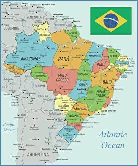 Top Sellers - Art Prints Gallery: Brazil Map with Rivers and National Flag