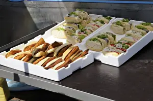 Snack Prints: Bread rolls with fish for sale in Wismar, Mecklenburg-Western Pomerania, Germany, Europe