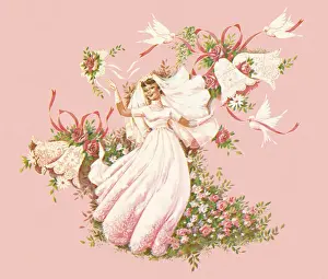 One Pe Prints: Bride with Flowers on a Pink Background
