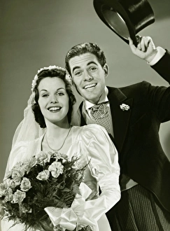 Aspirations Collection: Bride and Groom posing in studio, (B&W), portrait