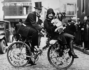 Bicycling Prints: Bride and Groom Riding Bicycle