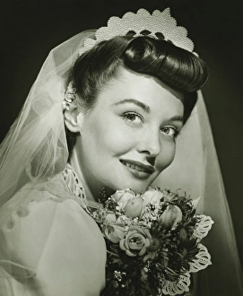 Aspirations Collection: Bride posing in studio, (B&W), portrait
