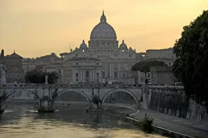 Bridge Ponte SantAngelo, Tiber river and St. Peters Basilica, Vatican City, Rome, Lazio, Italy, Europe