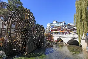 Lijiang Prints: Bridge and Water wheels at the entrance on Lijiang Old Town in Yunnan